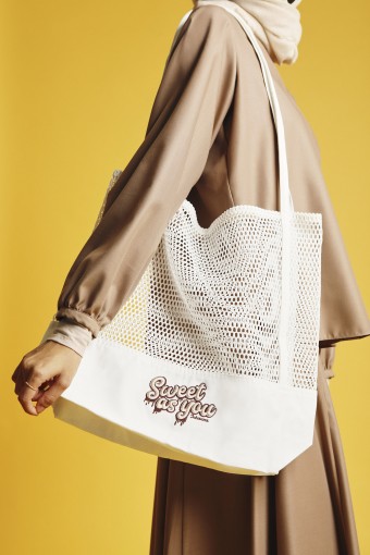 Mesh Embroidered Tote Bag White